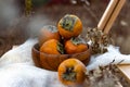 Bright persimmon fruits, orange fruits from the tree with a pleasant sweet and astringent taste among the dry twigs of the autumn