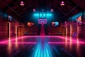 arena corridor perspective empty neon basketball background indoor hall virtual game interior. Generative AI.