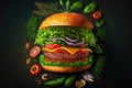 Bright picture with image of burger with vegetables, peppers and greens