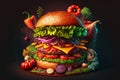 Bright picture with image of burger with vegetables, peppers and greens