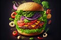 Bright picture with image of burger with vegetables, peppers and greens