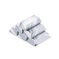 Bright pile of five realistic glossy silver bars in isometric view on white