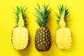 Bright pineapple pattern for minimal style. Top View. Pop art design, creative concept. Copy Space. Fresh pineapples on