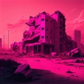 bright pink apocalyptic buildings in ruined postapocalyptic city