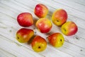 Bright pink apples and pears arranged in a circle on a gray wooden table. Vegetables and fruits. Royalty Free Stock Photo