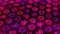 Bright pink background with many schematic flowers formed by moving circles. Animation. Seamless loop motion of same