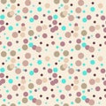 Bright pink, blue, red messy dots on beige background. Festive seamless pattern with round shapes.