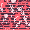 Bright pink branches and leaves forest silouettes seamless pattern. Vintage simple floral print with stripped background