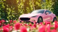 Pink electric car on sunset summer green street background with trees and roses