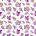 Bright pink cartoon boxes with gifts and sweets, seamless pattern on a white background
