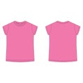 Bright pink cotton t-shirt blank template. Children`s technical sketch tee shirt isolated on white background. Front and back