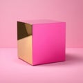 bright pink cube with intricate angles constructed from onyx podium, empty showcase for packaging product presentation