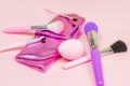 Bright pink decorative cosmetics tools and accessories for professional make up and visage on light background. Royalty Free Stock Photo