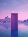 Bright pink door amidst serene mountains and lake. Generative AI