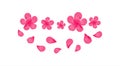 Bright Pink flowers and flying petals isolated on White background. Apple-tree flowers. Cherry blossom. Vector EPS 10 cmyk