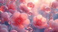 Bright pink flowers with transparent balls creating a picturesque natural landscape with lush vegetation in the biome on