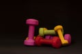 Bright pink, green, red and yellow small dumbbells on a black background. Sport concept. Royalty Free Stock Photo