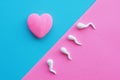 A bright pink heart on a blue background and white sparmatozoids on a bright pink background. Royalty Free Stock Photo