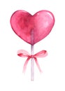 Bright pink heart-shaped lollipop and ribbon tied cute with watercolor Royalty Free Stock Photo