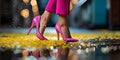 Elegant pink heels on a glamorous evening walk. reflective city lights and golden leaves. style and fashion moment. AI Royalty Free Stock Photo