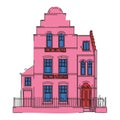 Bright Pink House with Blue Windows and Red Door Drawing Royalty Free Stock Photo
