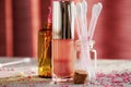 Bright pink lipstick and gloss on the makeup desk in the fashion shop Royalty Free Stock Photo