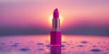 Bright Pink Lipstick On Shiny Wet Surface With Sunset Background Royalty Free Stock Photo