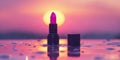 Bright Pink Lipstick On Shiny Wet Surface With Sunset Background. Royalty Free Stock Photo