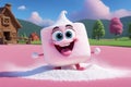 A bright pink marshmallow is smiling on a pink background.Sweet delicious marshmallow jumps and scatters powdered sugar.