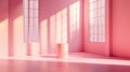 Bright pink minimalistic interior with sunlight streaming through large windows, highlighting a round pedestal in the Royalty Free Stock Photo