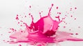 A bright pink paint splash, capturing the energetic dispersal of droplets, set on a stark, white isolated background