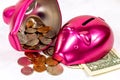 Bright pink pig money box for coins on light wall background with copy space. Economy, budget and savings concept. Royalty Free Stock Photo