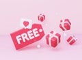 A bright pink price tag with the inscription Free. And a notification icon such as a heart. The concept of a prize draw