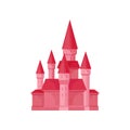 Bright pink princess castle. Fairy tale building with high towers and conical roofs. Flat vector for children book Royalty Free Stock Photo