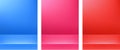 Bright pink, red and blue monochrome shiny backgrounds.