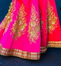 Bright piNK silk sari or saree decorated with gold designs.CR2