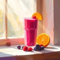 Bright Pink Smoothie with Orange Slice Beside Window Still Life Royalty Free Stock Photo