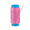 Pink Thread Spool with a Silver Sewing Needle on a White Background image photo Royalty Free Stock Photo