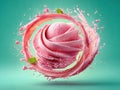 Bright pink strawberry ice cream in a swirling motion, frozen solid with subtle crystals, dynamic circular shape, dense texture Royalty Free Stock Photo