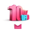 Bright pink, voluminous 3D inscription: 10% OFF, vector on white background. Element for design discounts, design, sales, web