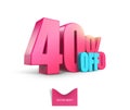 Bright pink, voluminous 3D inscription: 40% OFF, vector on white background. Element for design discounts, design, sales, web