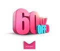 Bright pink, voluminous 3D inscription: 60% OFF, vector on white background. Element for design discounts, design, sales, web