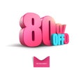 Bright pink, voluminous 3D inscription: 80% OFF, vector on white background. Element for design discounts, design, sales, web