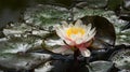 Bright pink water lily or lotus flower Marliacea Rosea with water drops after rain. Close-up of Nymphaea in garden pond. Flower la Royalty Free Stock Photo