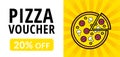 Bright pizza voucher design. Vector 20% off discount coupon for pizzeria, restaurant, cafe