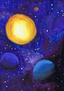 A bright planet in outer space. Children`s drawing