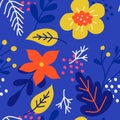 Bright plants and flowers on a blue background. Vector seamless pattern in flat style for fabric, wrapping paper Royalty Free Stock Photo