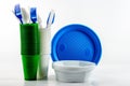 The bright plastic disposable tableware