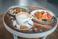 Bright plate with a healthy summer Breakfast American pancakes with berries and a power bowl Royalty Free Stock Photo