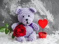 Bright plush toy, red rose and a note Royalty Free Stock Photo